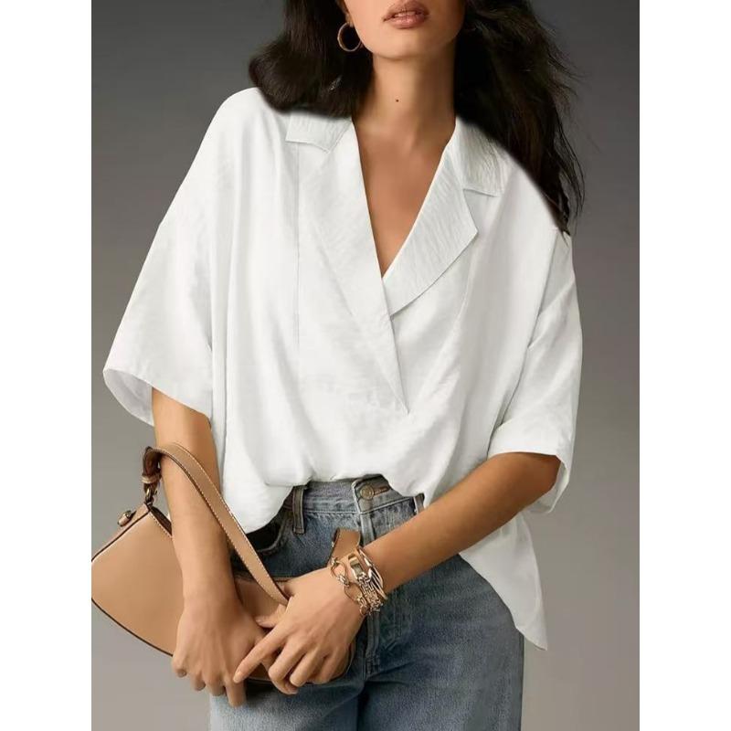 Loose Fit Short Sleeve Turn Down Collar Solid Color Casual Shirt With Pleats