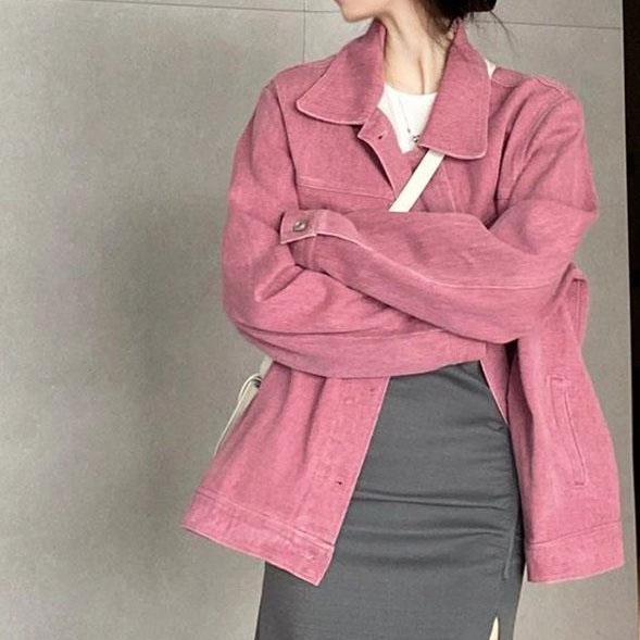 Women's Retro Rose Pink Denim Jacket – American and Hong Kong Style, Loose Fit, Versatile for Spring & Autumn