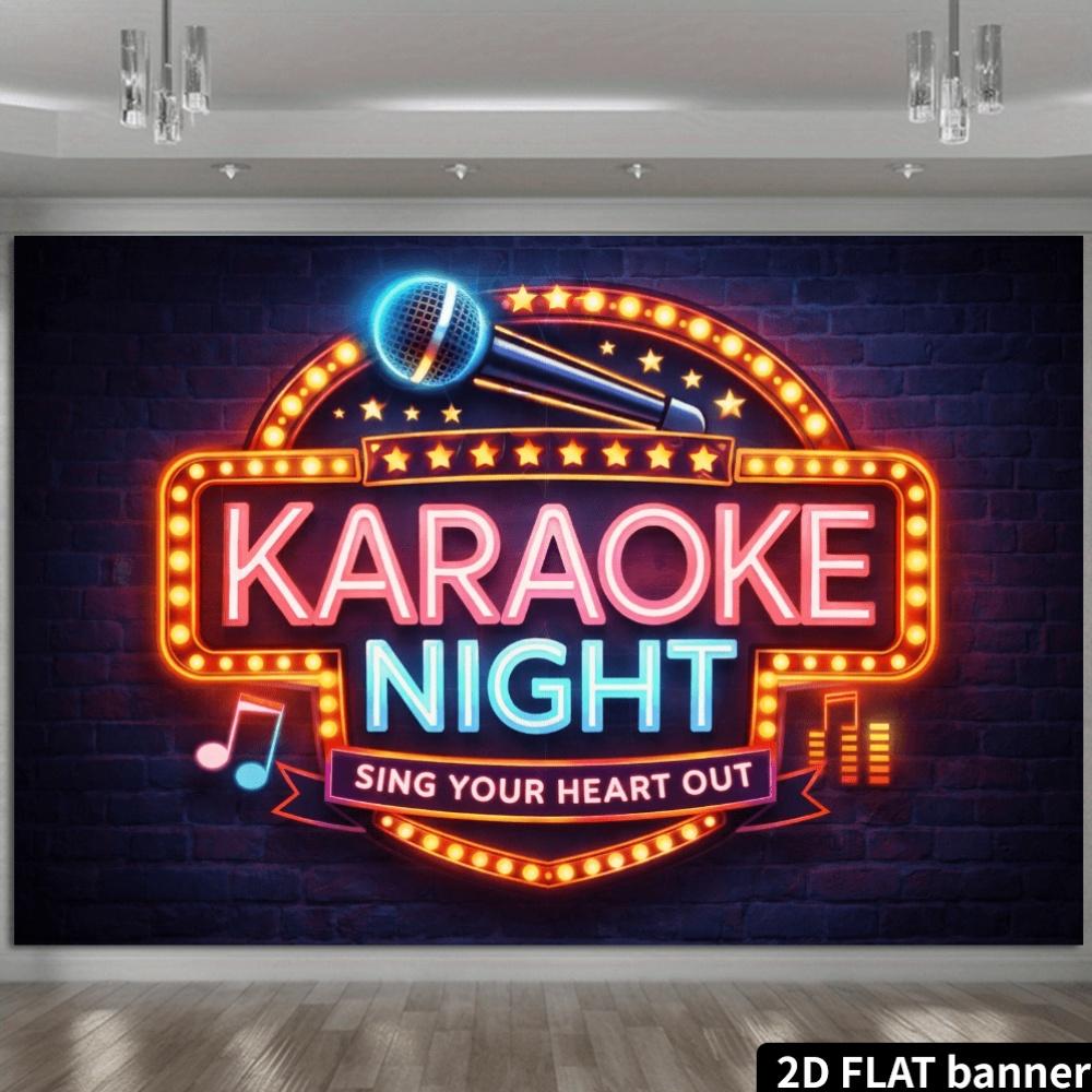 2D Retro Karaoke Night Flag Background  Neon Effect Microphone and Scattered Star Recording Pattern