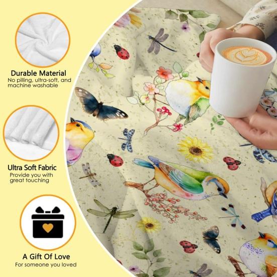 Flower And Bird Blanket Soft Flannel Hummingbird Throw Blanket Washable Cozy Floral Blanket for Adults Kids Couch Bed