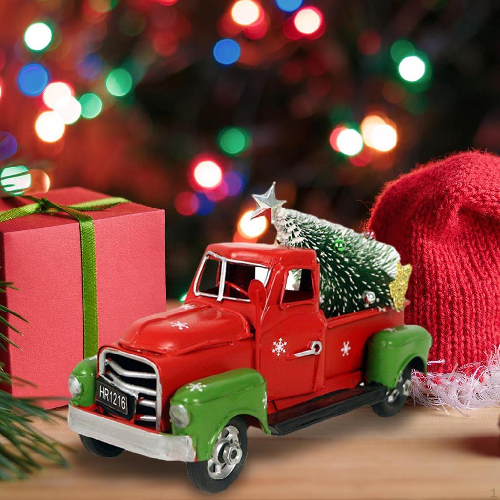 Christmas Red Truck Decorations Rustic Metal Car Model Xmas Ornaments for Table