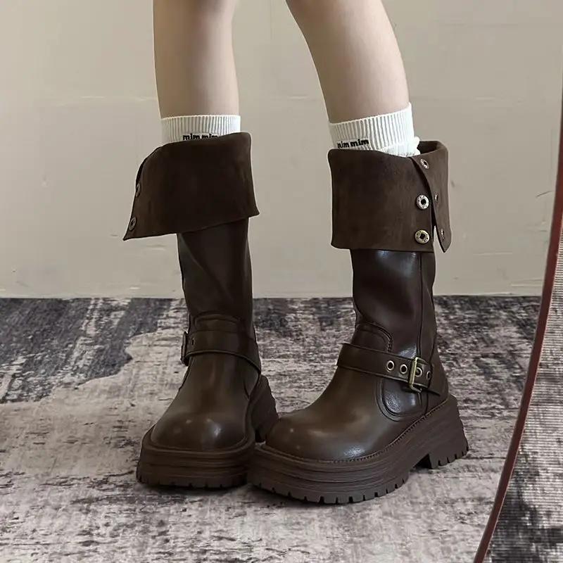 Long Boots  Autumn New Item Thick Sole Versatile Height Increasing Lapel Knight Boots For Women