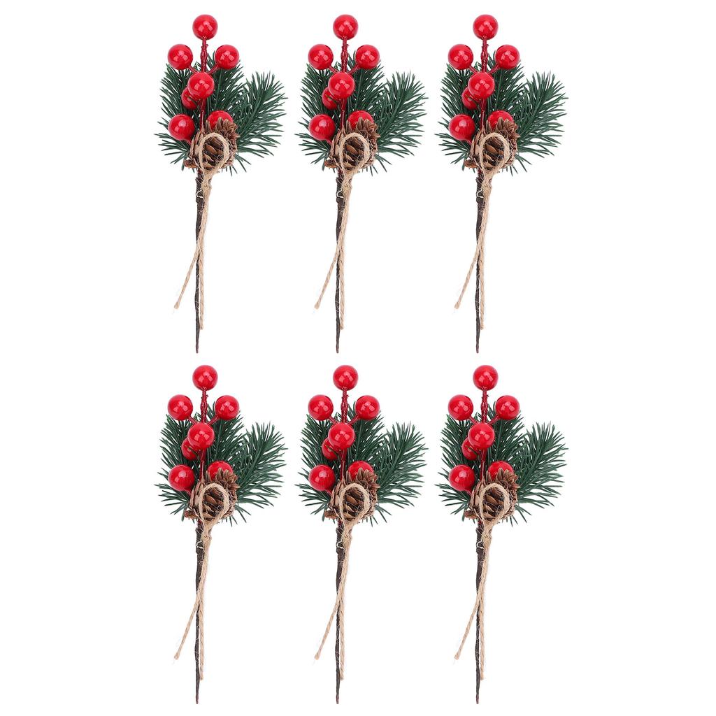 6PCS Artificial Pine Branches with Red Berry and Cone Decorative Pine Needle Picks for Garden