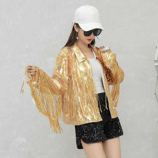 Lapel Long Sleeve Open Stitch Short Type Women Coat Shiny Sequins Tassel Stage