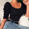 Elastic Women Top Fine Workmanship Cotton Blend Half Puff Sleeve Short T-shirt for Daily