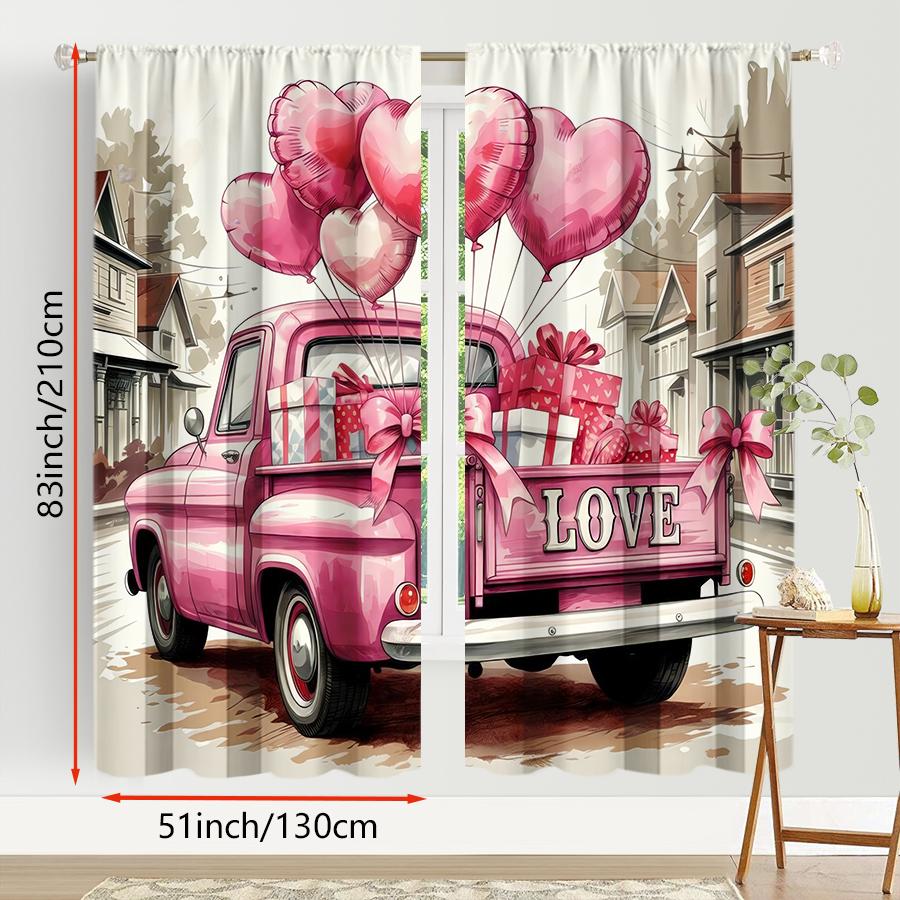 2PCS Pink Love Truck Romantic Curtains   American Sweet Element Style   Bedroom and Living Room   Drawbar Pocket Decoration