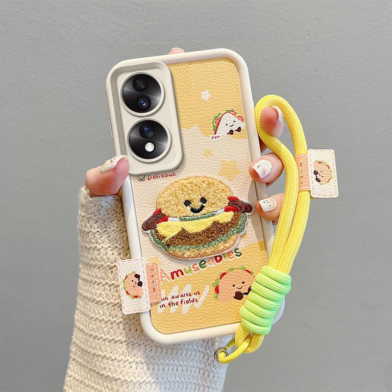KEYSION Cartoon Cute Plush Embroidery Case for HONOR 70 5G with Lanyard Silicone Shockproof Phone Cover for Huawei Honor 70