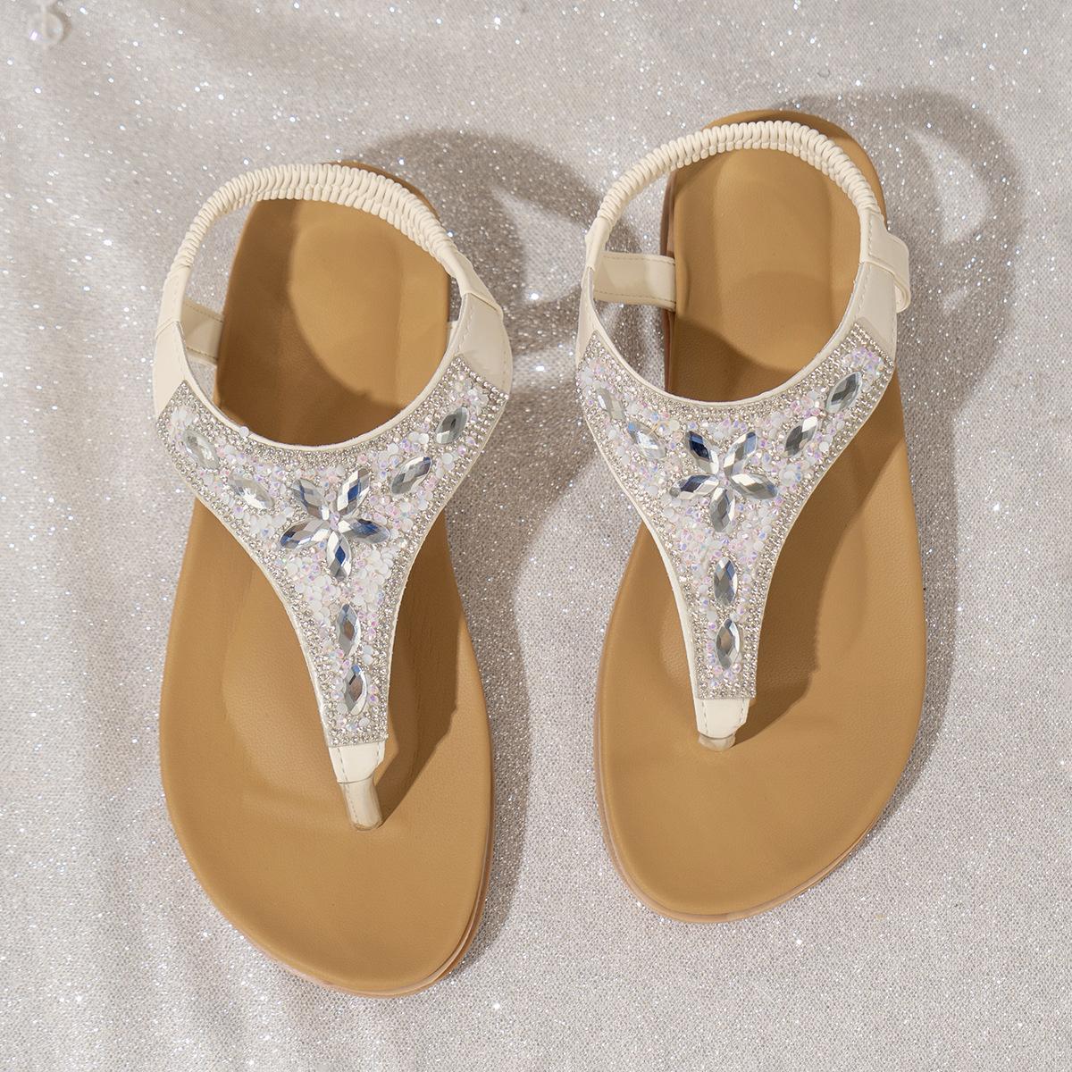 

Модные сандалии в богемном стиле с перемычкой для пальца для женщин, модные разноцветные жемчужные римские сандалии для женщин 2025, новые плоские нескользящие пляжные туфли 42 белый