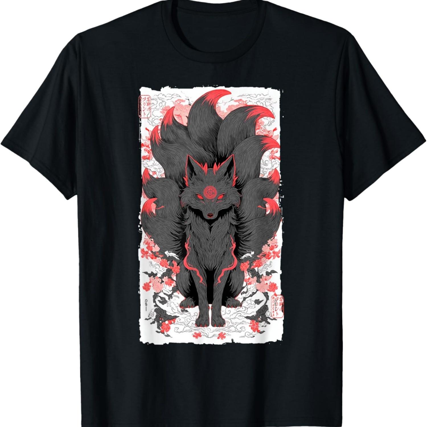 Nine-Tailed Fox Kitsune Anime Mythology Art T-Shirt S чёрный