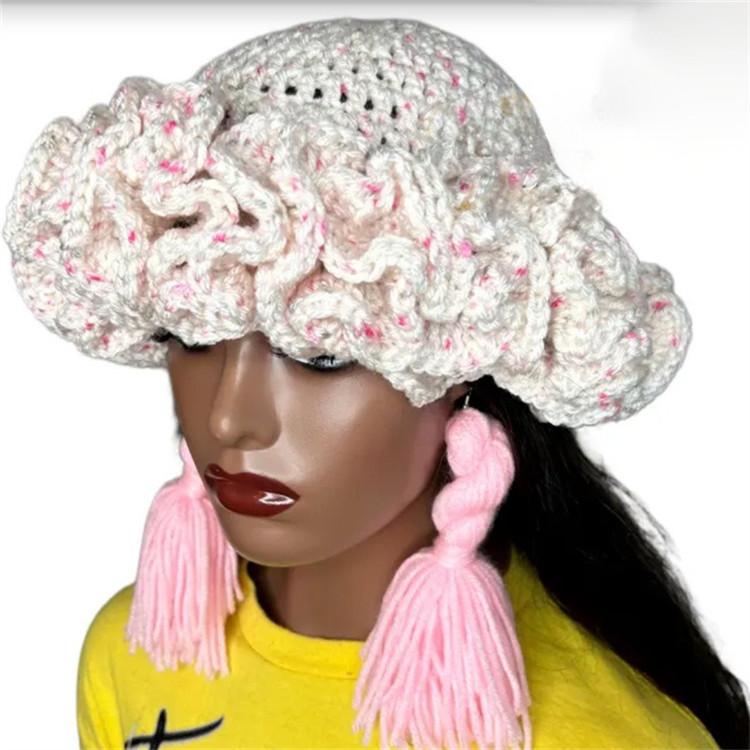 Handmade Crochet Bucket Hat for Woman Teen Outdoor Fisherman Hat Ruffled Brim Winter Windproof Carnivals Hat