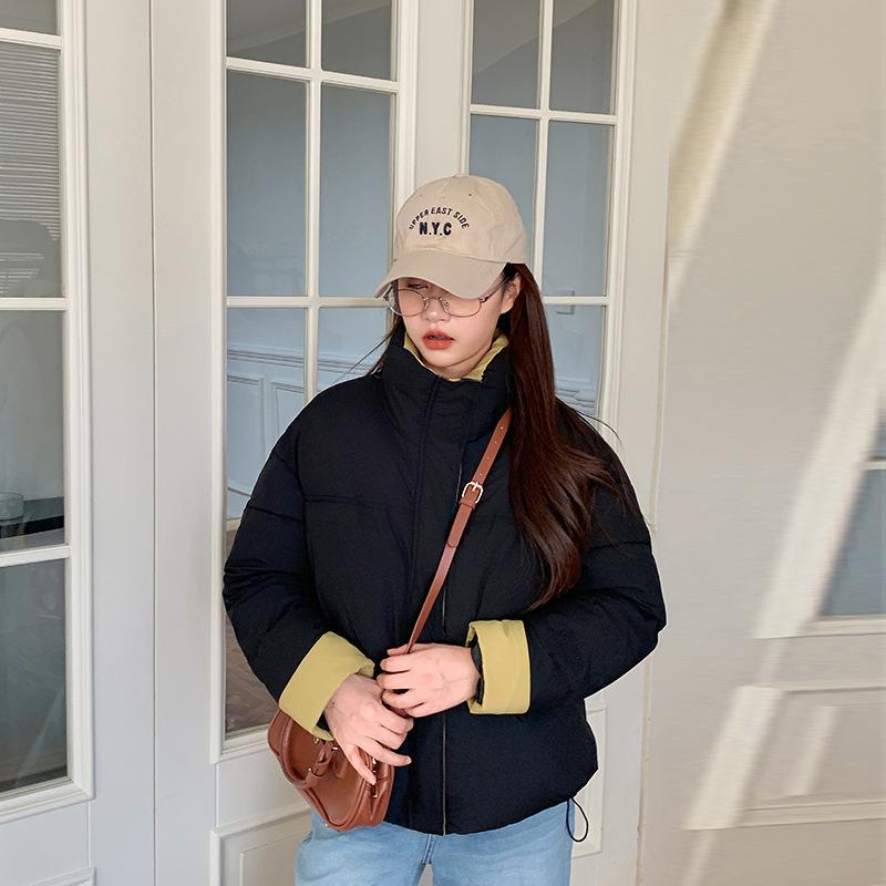2025 new down cotton clothes women's short stand-up collar loose contrasting colors thickened loose warm bread clothes Korean version jacket