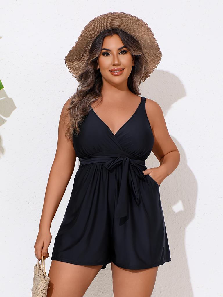 Women's Plus Size Deep V Strappy Swimsuit Boxers: Slimming One-Piece Vacation Swimwear