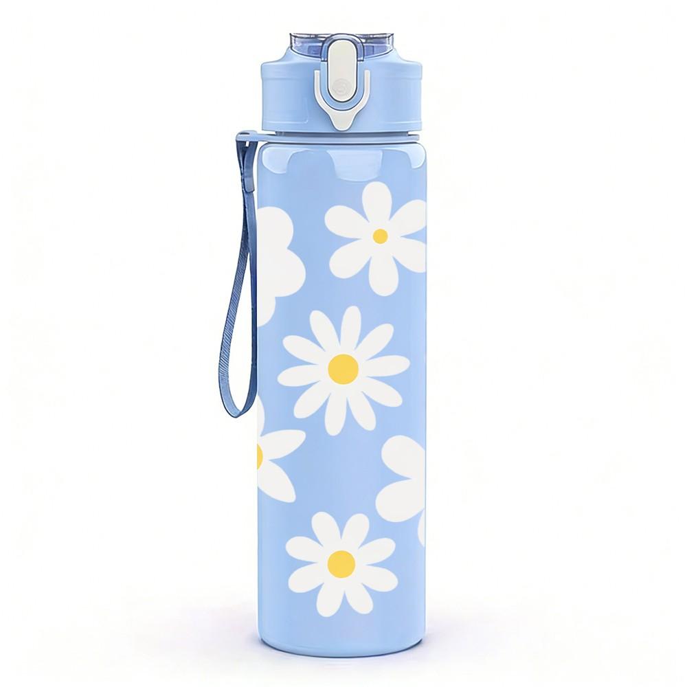 1PC White Daisy Flower Simple Floral Pattern 750ml Color Plastic Sports Water Bottle Leakproof Flip Straw Lid Suitable for Sports Office Home Use
