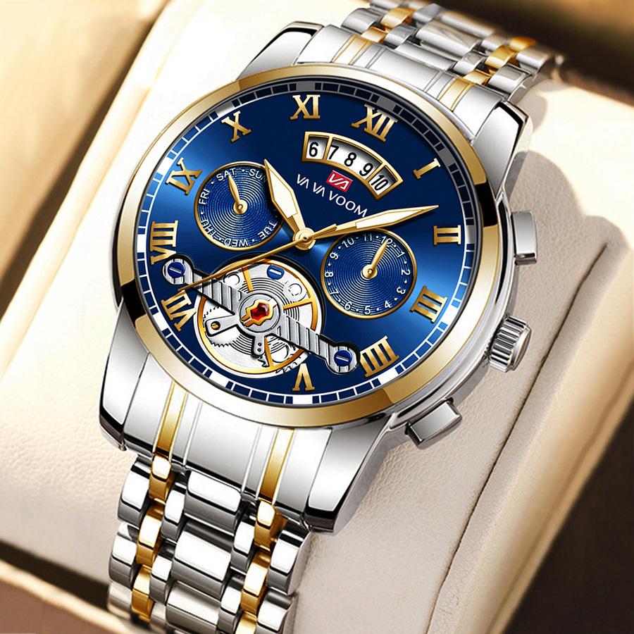 Men's Stainless Steel Tourbillon Watch Men's Student Quartz Watch Business Calendar Waterproof Steel Strap Watch Large Dial