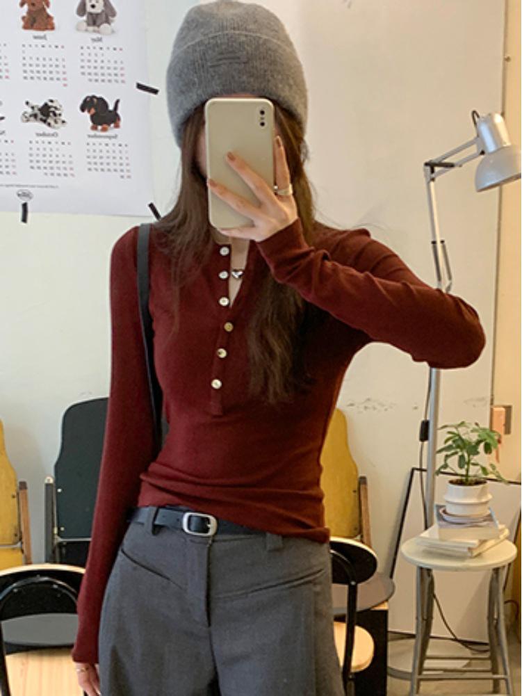 Women's Faux Cashmere Henley Neck Slim Fit Long Sleeve Top - Autumn/Winter Spicy Girl Style