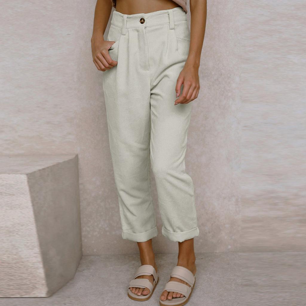 Pantaloni casual de damă cu talie înaltă, culoare uni, pantaloni largi, cu picior drept, pentru femei