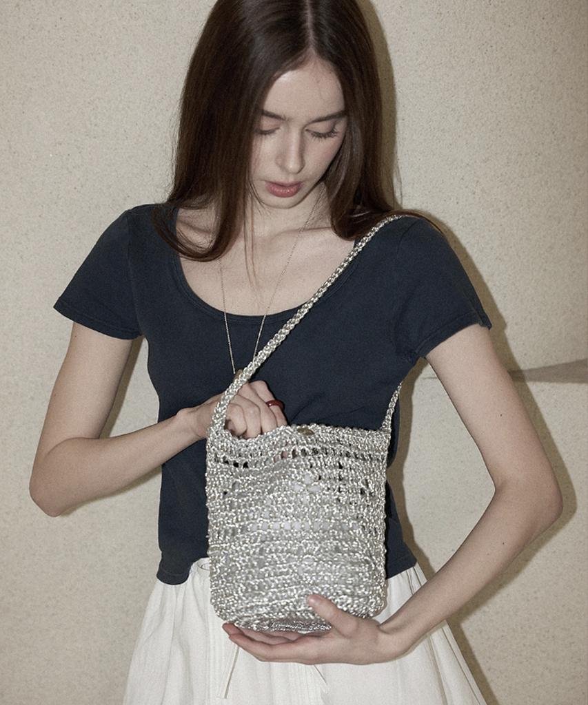 Slowslowly Lily Handmade Metallic Crochet Bucket Bag _ Silver