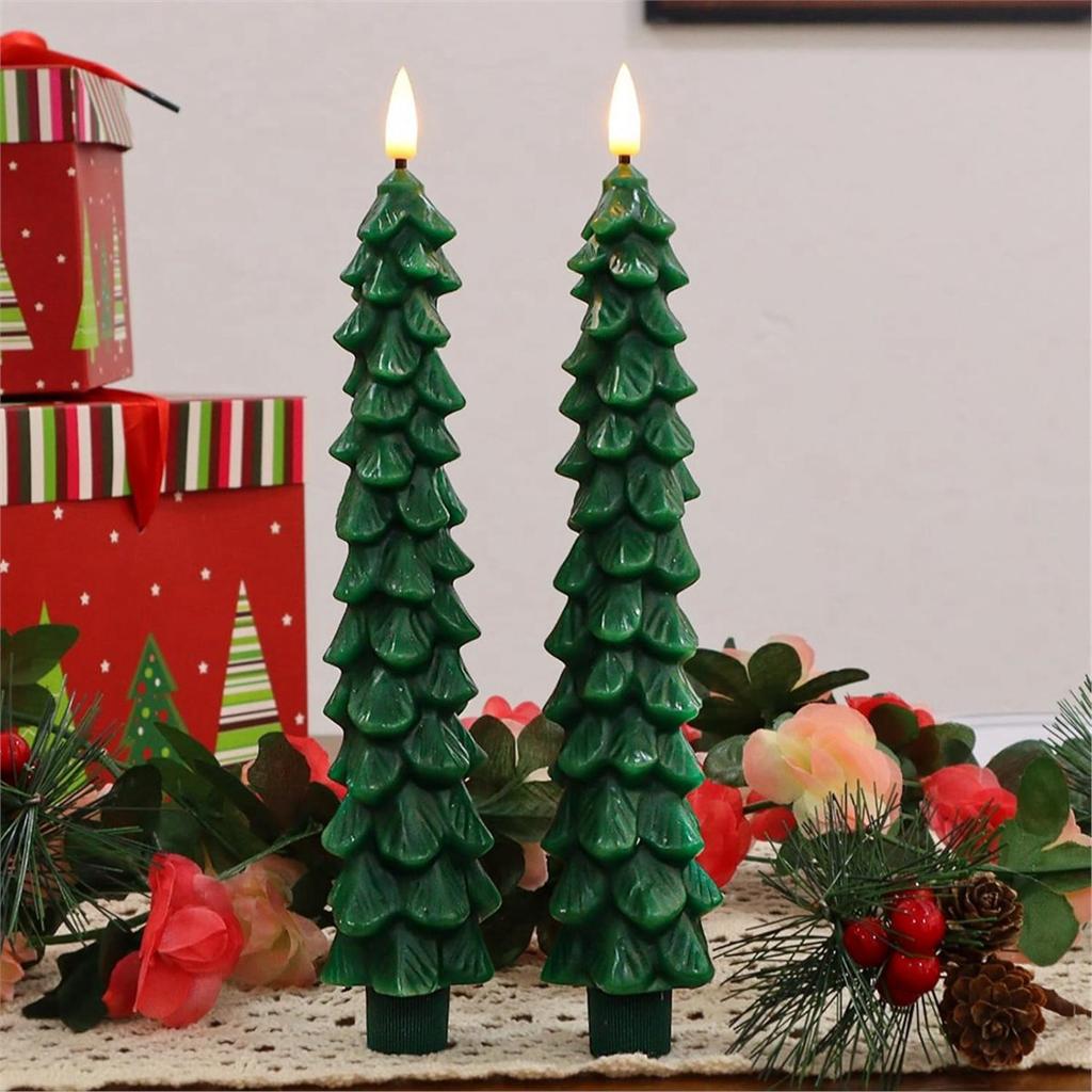 Christmas Tree Candles with Remote Timer, 2pcs Flameless LED Taper Candles Battery , Green Waxy Christmas Candlesticks