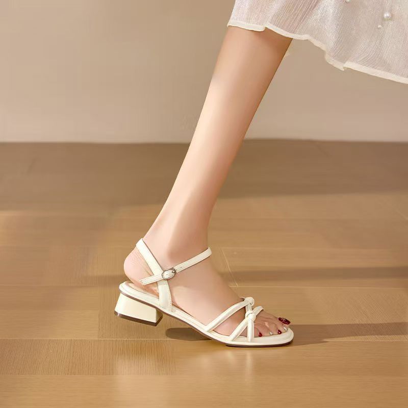 

Non-slip one-word buckle strap summer new thick-heeled sandals women s versatile elegant mid-heeled sandals 35