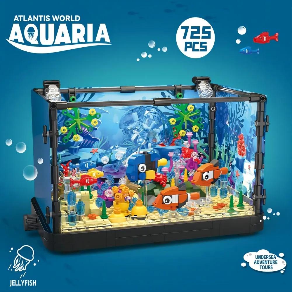 Ocean Fish Tank Aquarium Building Block Set with Turtle - DIY Toy Brick for Kids Creative Playset Home Decor Birthday Gift