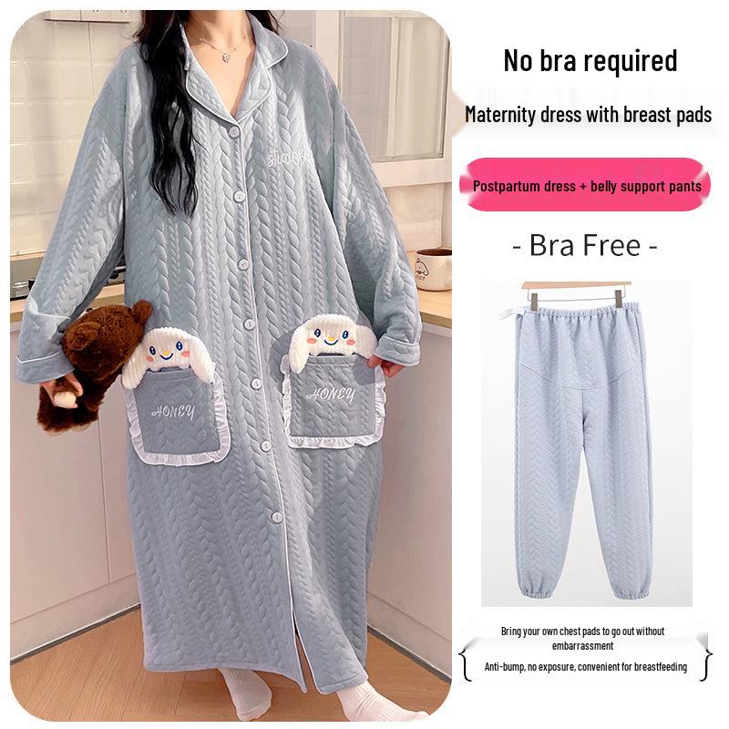 Umstandsröck und Nachthemd-Set: Stillpyjamas aus Luftbaumwolle für Frühling & Herbst nach der Geburt für den Winter, passen bis Größe 200.