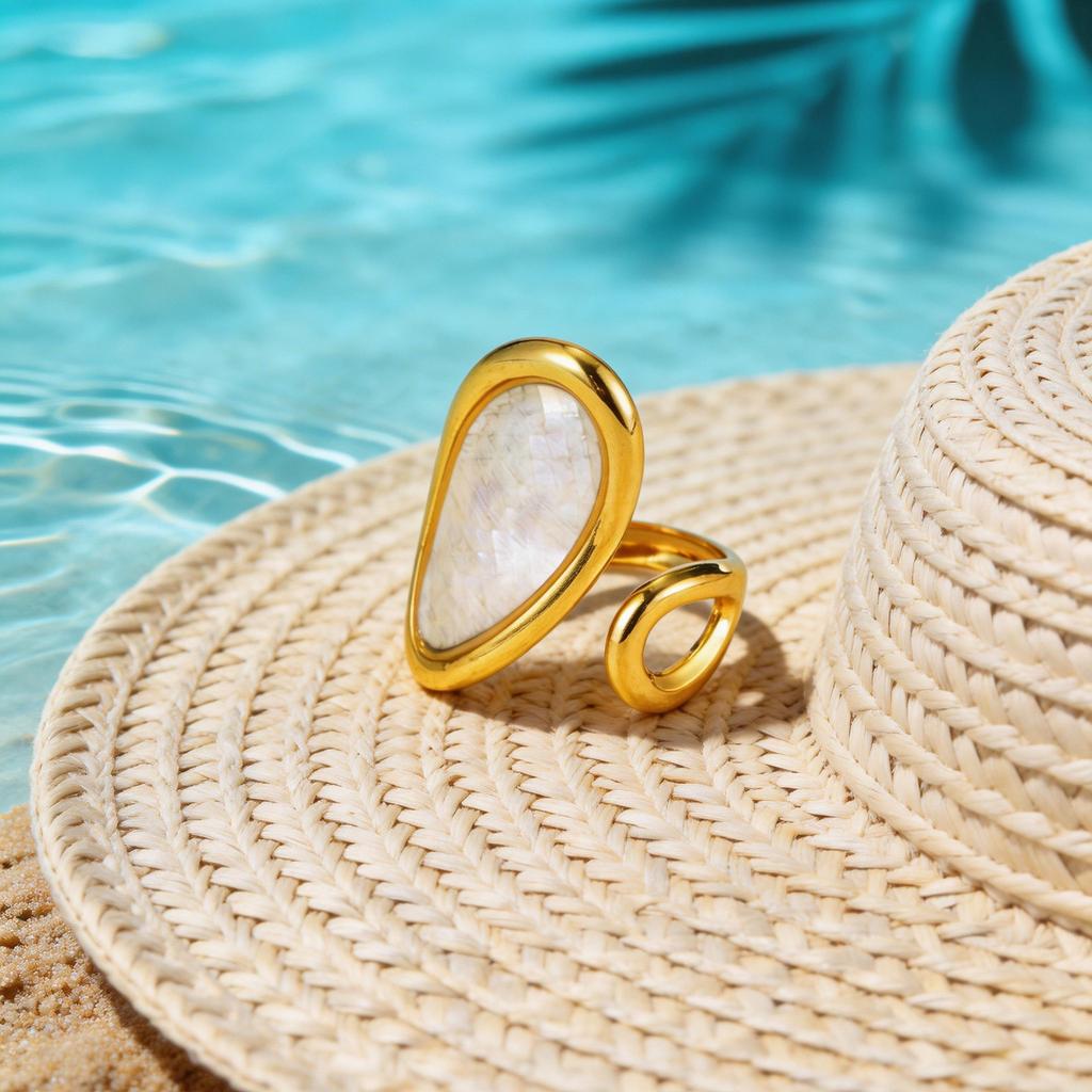 Abalone Shell Ring Natural Mother of Pearl Gold Plated Adjustable Open Irregular Geometric French Vintage Summer Beach Jewelry