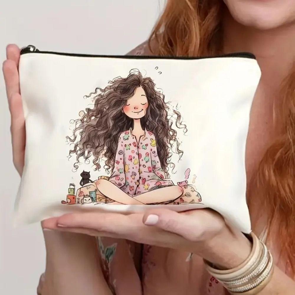 Durable Vintage Style Makeup Bag Cute Girl Pattern Foldable Storage Bag Lightweight Zipper Toiletry Bag Travel