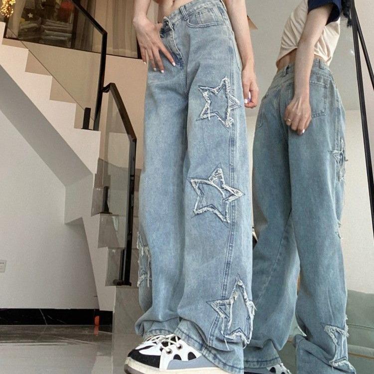 Damen Streetwear Lockere Gerade Jeanshose Übergröße Frühling und Herbst Retro-Stil Hohe Taille Einfarbig Weiter Bein Jeans