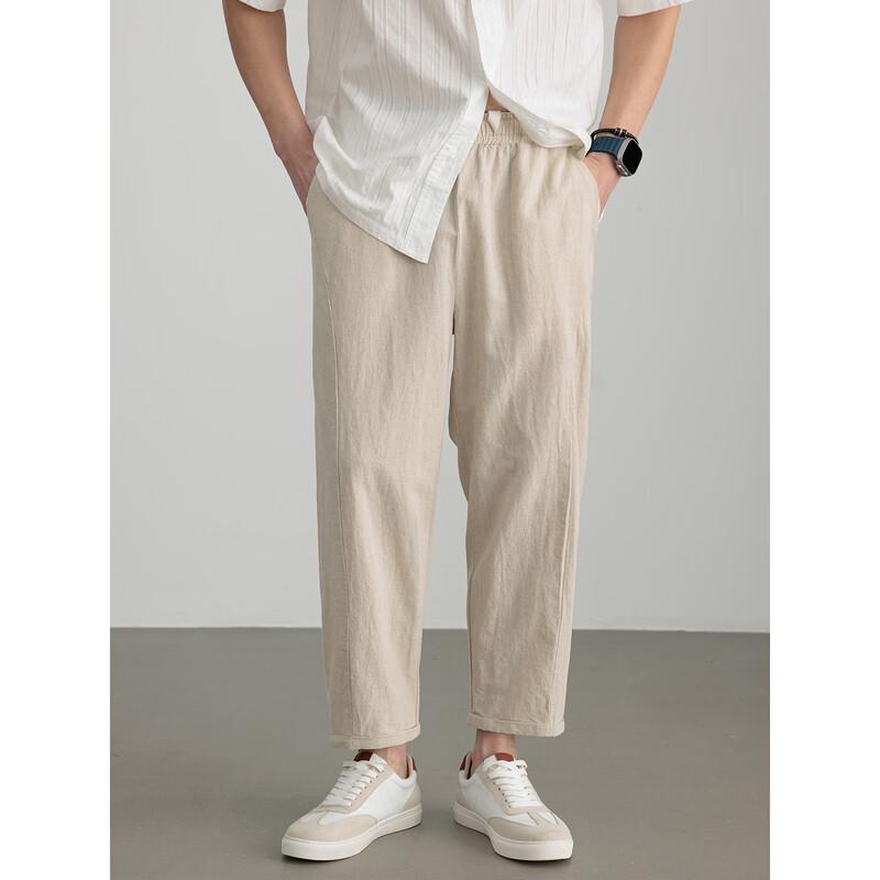 Hengyuanxiang Men's Summer Thin Cotton Linen Cropped Casual Pants