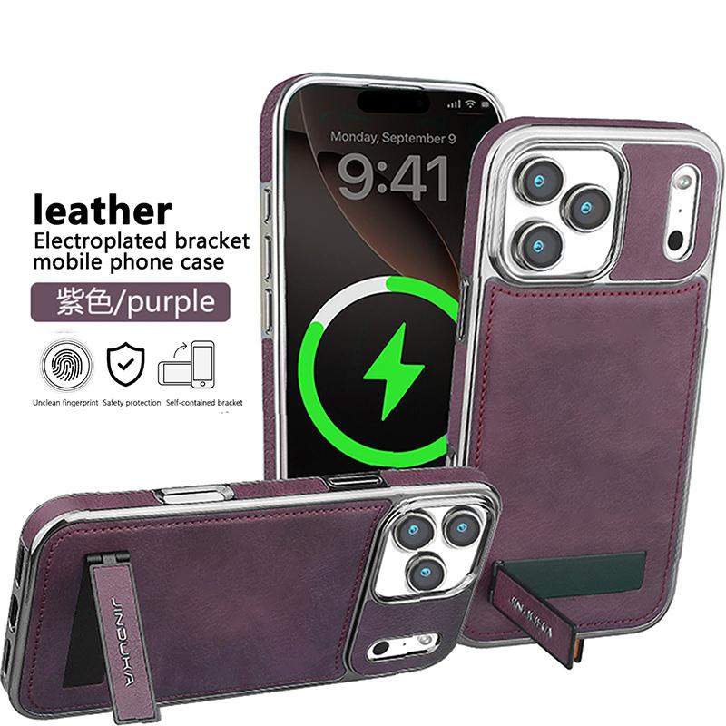 Electroplated Leather Phone Case For iPhone 17 Pro Max 17Air 16 15 Plus 14 Pro 13 12 11 Invisible Bracket Lens Protective Cover