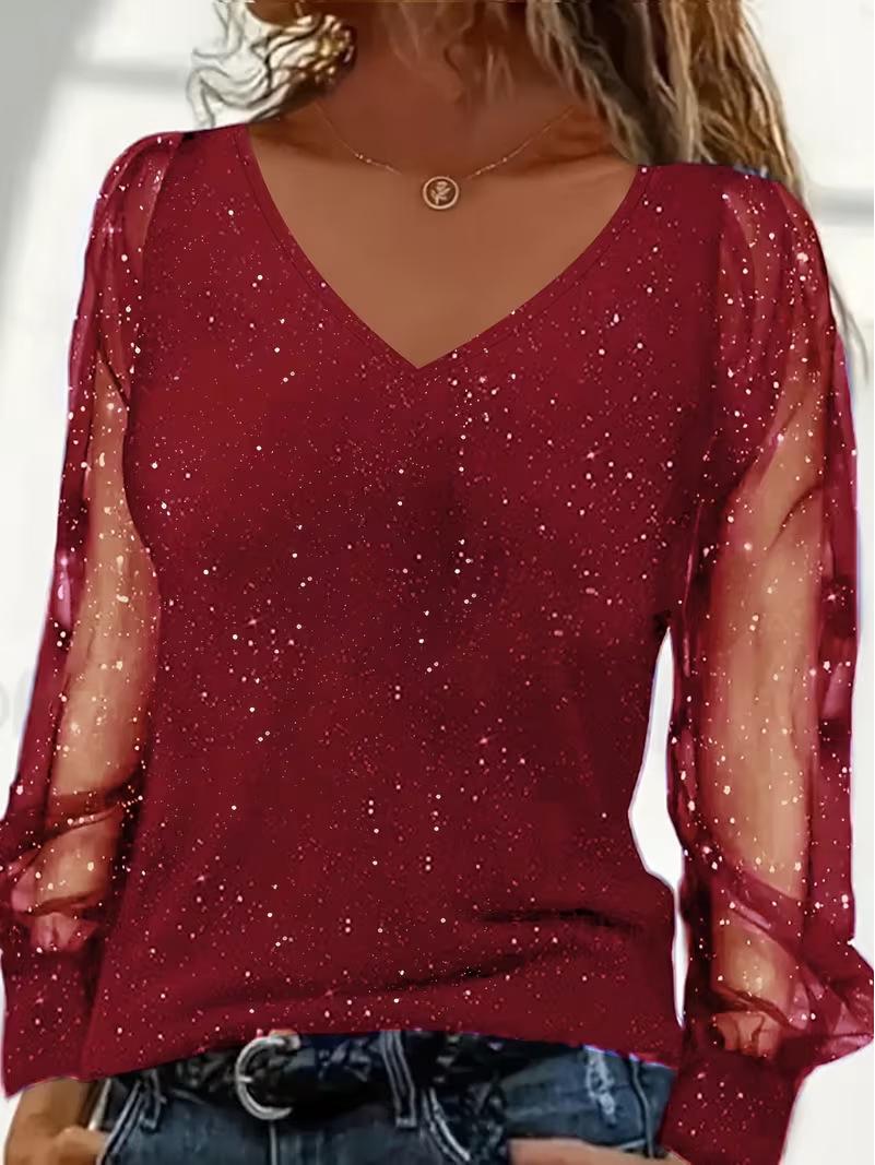 

2026 European Style V-Neck Long Sleeve Casual Elegant T-shirt S вина червоного кольору