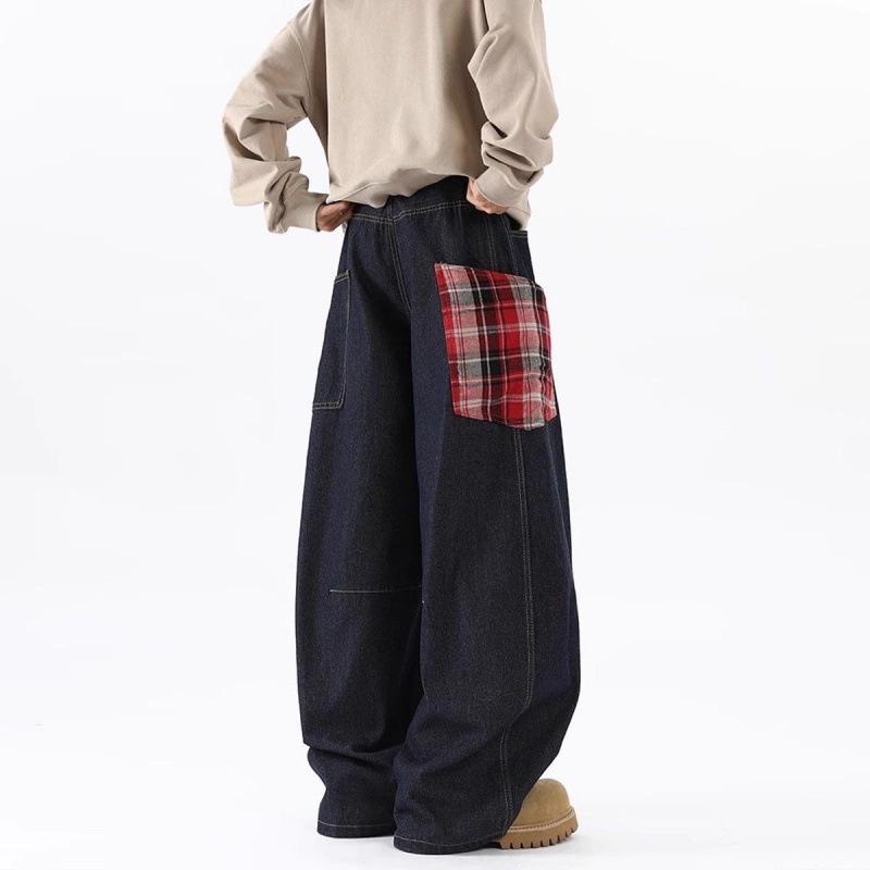 Unisex Vintage Patchwork Plaid Wide-Leg Scimitar Jeans 2XL