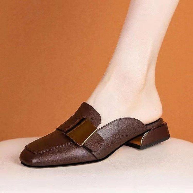 French Retro Square Head Muller Shoes Medium Heel British Style Bag Head Half Slippers Women's Summer Wear Low Heel Loafers