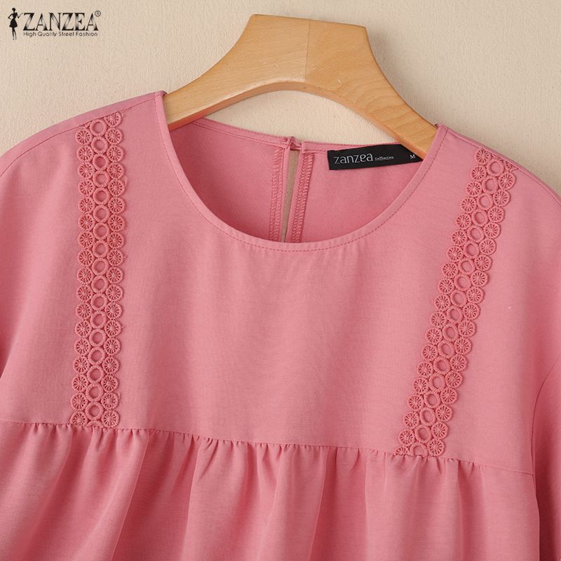 ZANZEA Women Casual Lace Embroidery Patchwork Short Sleeve Crochet Blouse Tops