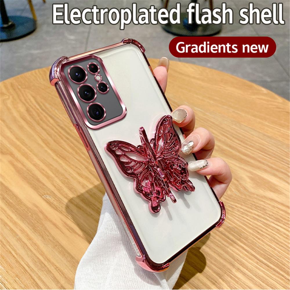 Shockproof Glitter 3D Butterfly Holder Stand Phone Case For Samsung S25 S24 S23 S22 S21 S20 FE Note 20 Ultra Plus Plating Cover