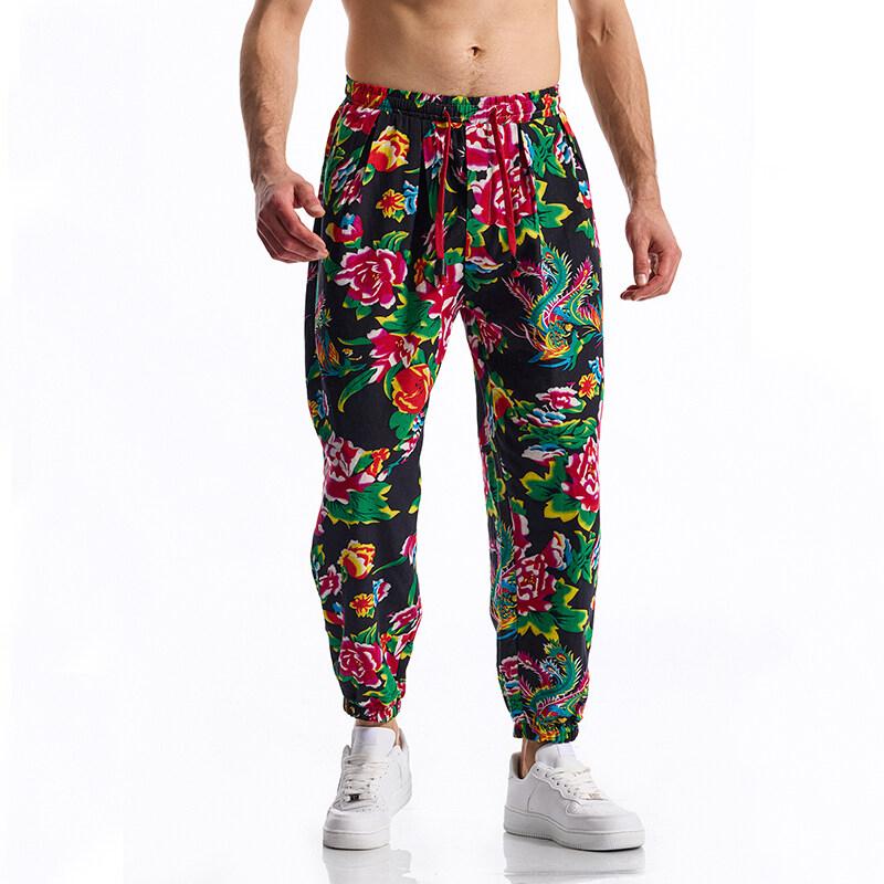 Erkek Günlük İpli Boho Etnik Baskılı Pantolon Açık Hava Aktiviteleri Eşofman Yaz Pamuk Keten Koşu Jogger Eşofman Altı