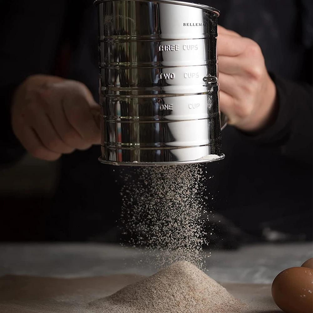 Stainless Steel Flour Sifter for Baking Powdered Sugar Shaker/Dispenser with Rotary Hand Flour Strainer Pastry Tools
