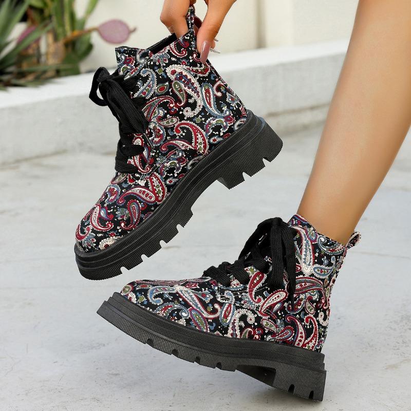 Fashion Autumn/Winter New Platform Modern Ankle Boot Women Round Toe Printed Lace-up Thick Bottom Motorcycle Boots Gothic Shoes