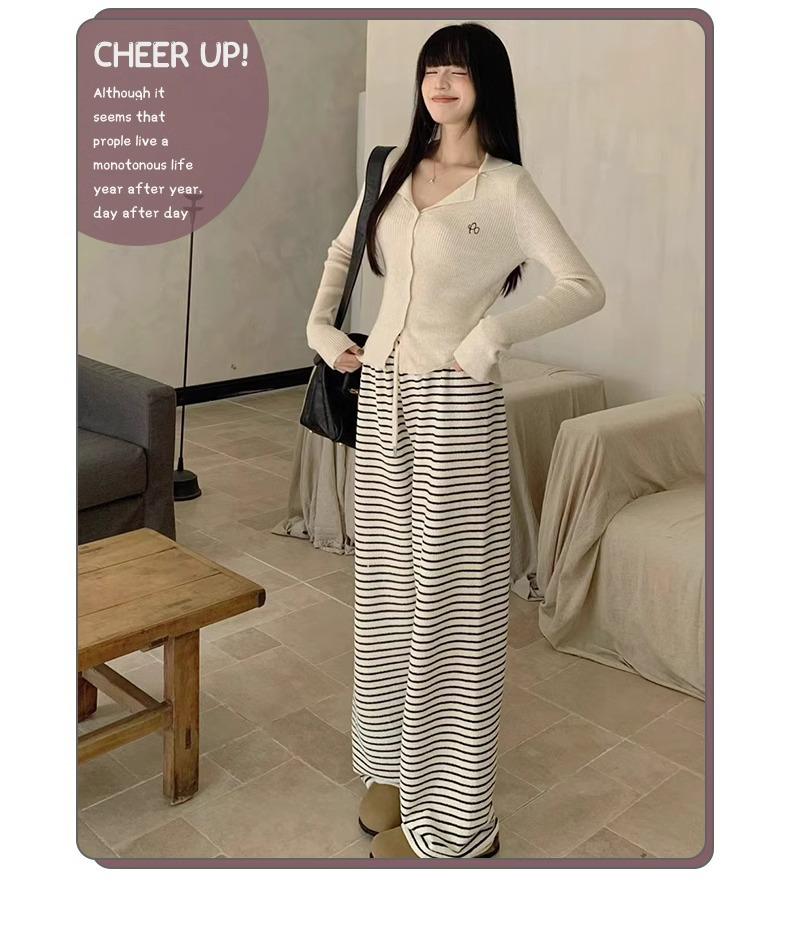 150cm High-Waisted Black & White Striped Wide-Leg Petite Women's Pants for Autumn/Winter