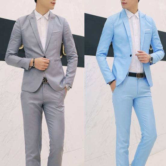 2 Pezzi Moda Uomo Colore Unito Collo a Lancia Bottoni Manica Lunga Slim Blazer Completo Pantaloni