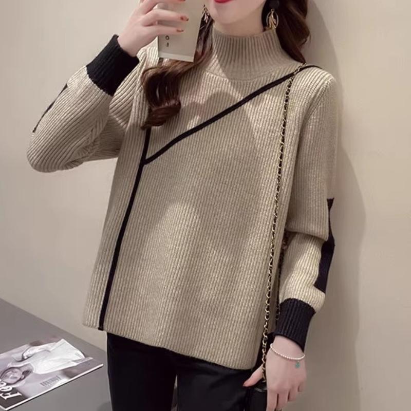 Semi-turtleneck Sweater Women's Autumn and Winter Thickened Design Sense Women's Knitted Sweater Winter Velvet Versatile Loose Bottoming Top