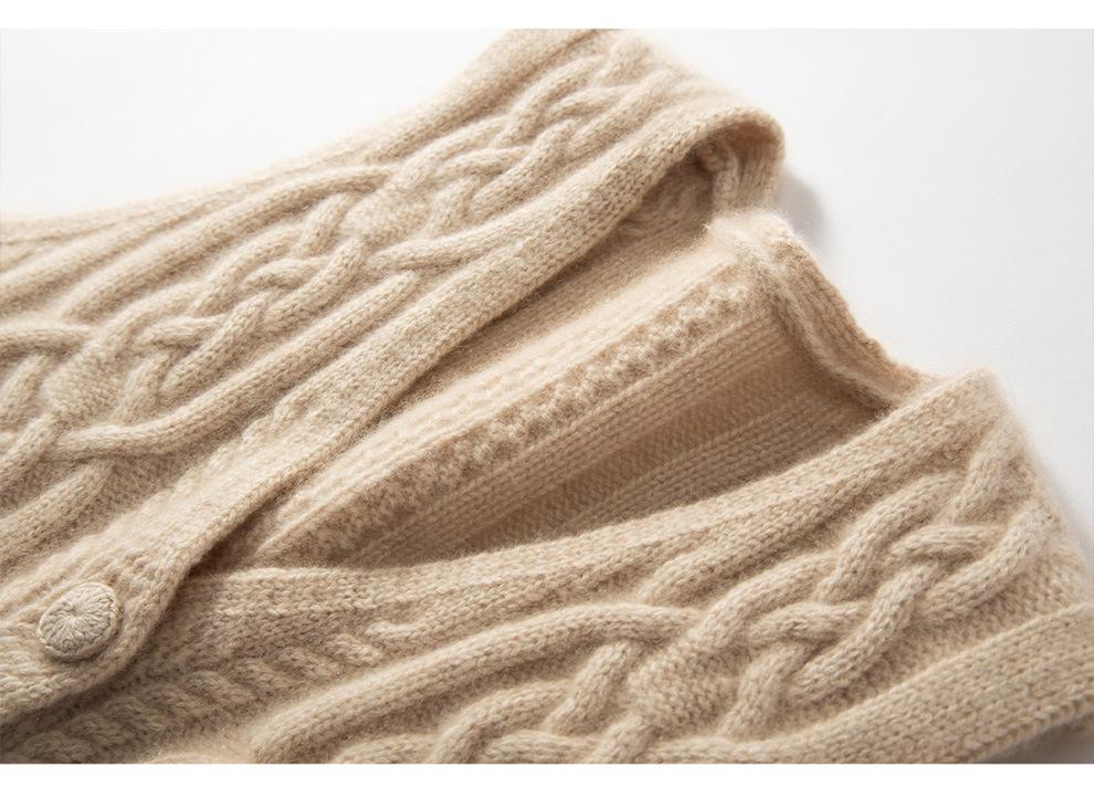 Women's 100% Pure Cashmere Thickened V-neck Cable Knit Cardigan Vest for Autumn/Winter