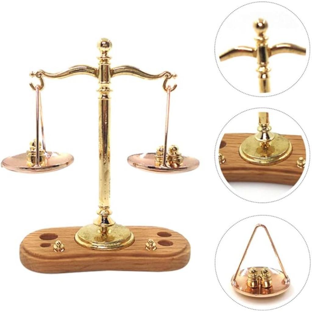 1PC Dollhouse Mini Balance Scales with 6 Weights, 1: 12 Scale Retro Mini Justice Scale Model, Dollhouse Scenes Cake Decoration