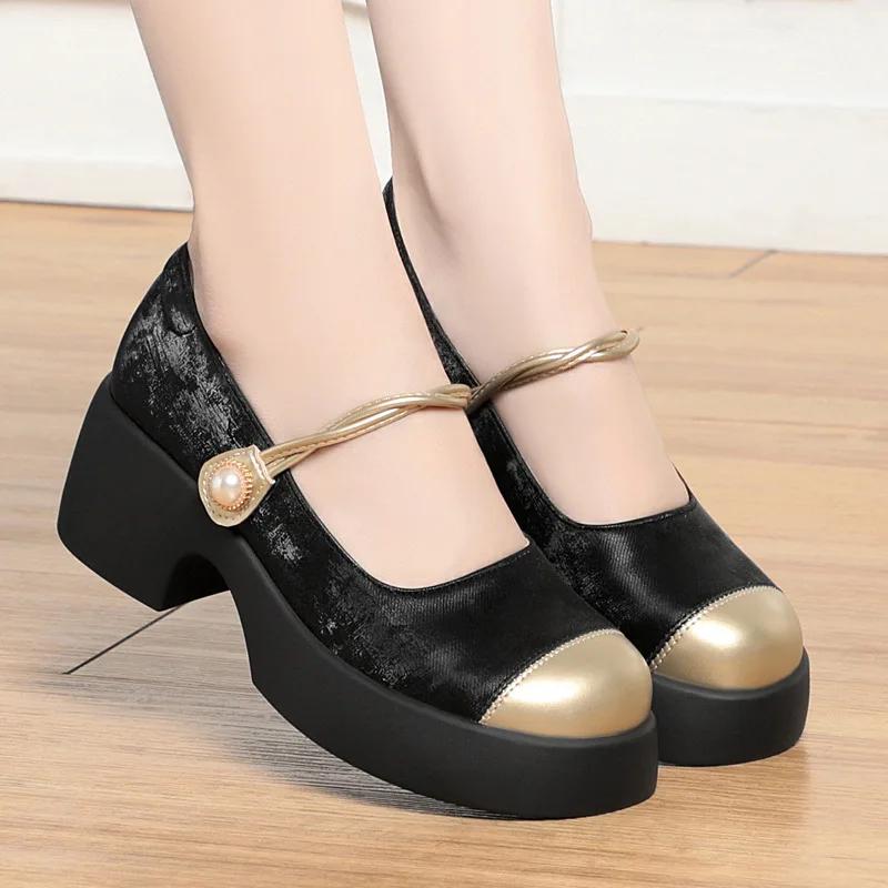 

5.5cm Fashion Shallow Mouth Mix Color Thick Bottom Med Block Heels Shoes 2025 Fall Soft Leather Mary Janes Women for Office Mom 35