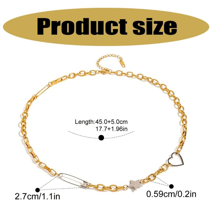 Gold Plated Stainless Steel Necklace Five-pointed Star and Love Heart Designed Neck Chain for Women Daily Jewelry Gift