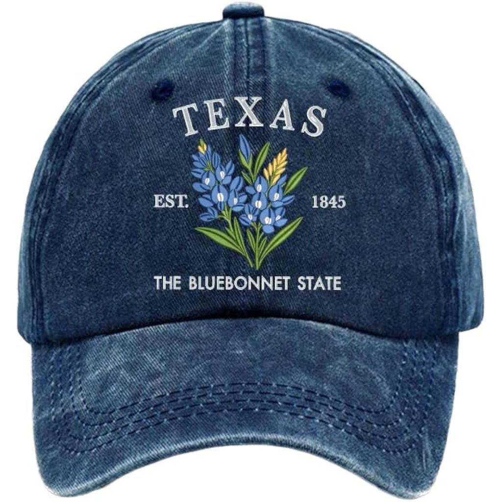Texas Bluebonnet State Est 1845 Vintage Baseball Cap Casual Polyester Adjustable Sun Hat
