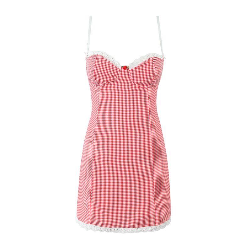 Princess Alice French Hipster Style Plaid Lace Lace Waist-Tight Slim Looking Sexy A- Line Dress Sling Dress
