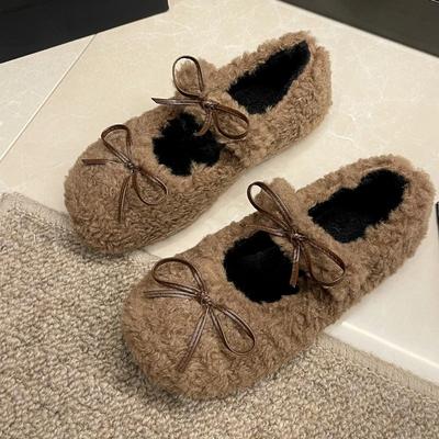 Sweet Bowknot Lambswool Ballet Flats Woman Winter Warm Plush Loafers Ladies Fur Round Toe Mary Jane Shoes