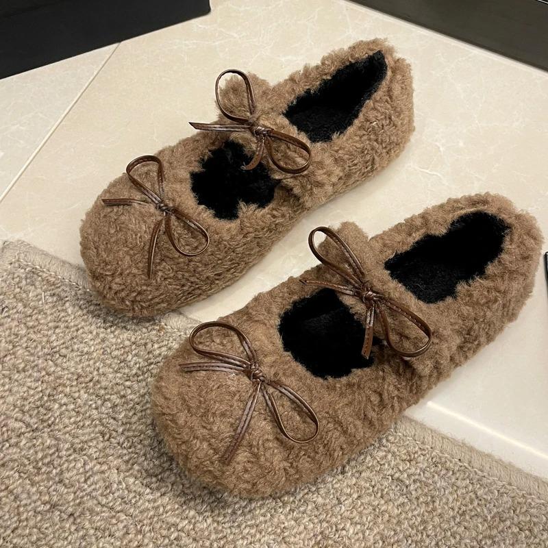 Sweet Bowknot Lambswool Ballet Flats Woman Winter Warm Plush Loafers Ladies Fur Round Toe Mary Jane Shoes
