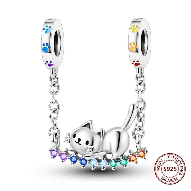 Copper Original Dog Cat Safety Chain Lazy Cat Pink Zircon Pet Paw Print Footprint Charms Fit Bracelet For Women Diy Jewelry